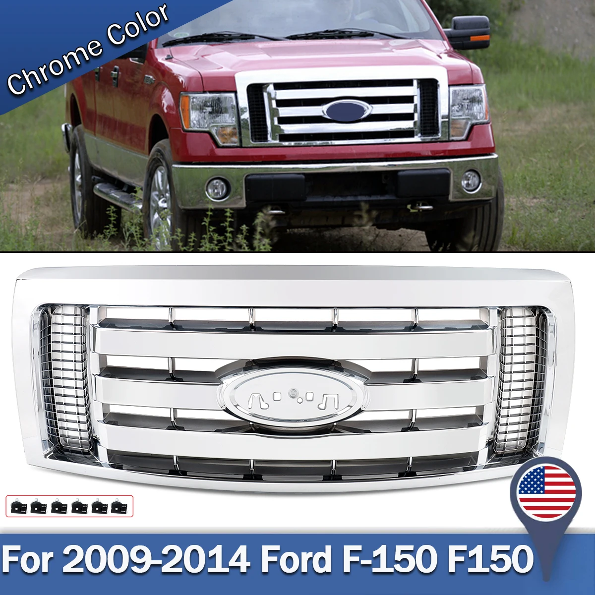 For  F-150 F150 XLT Lariat Racing Grills Cover 2009-2014 Chrome Front Grills Mesh Upper Front Bumper Grille Cover Ship From USA