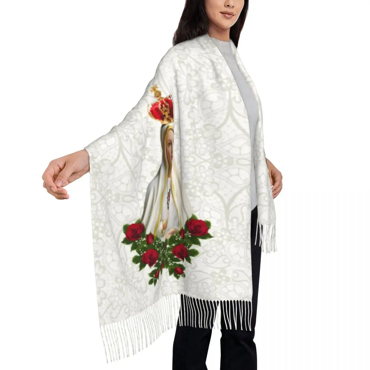 Custom Our Lady Of Fatima Virgin Mary Scarf Wrap Women Long Winter Fall Warm Tassel Shawl Portugal Rosary Catholic Scarves