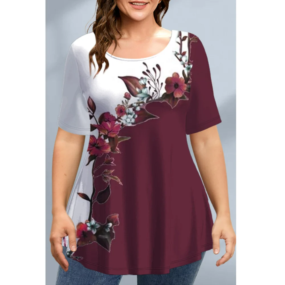 Camisetas con estampado Floral para mujer, jerséis de cuello redondo, Tops de manga corta, ropa de calle de gran tamaño, 2023