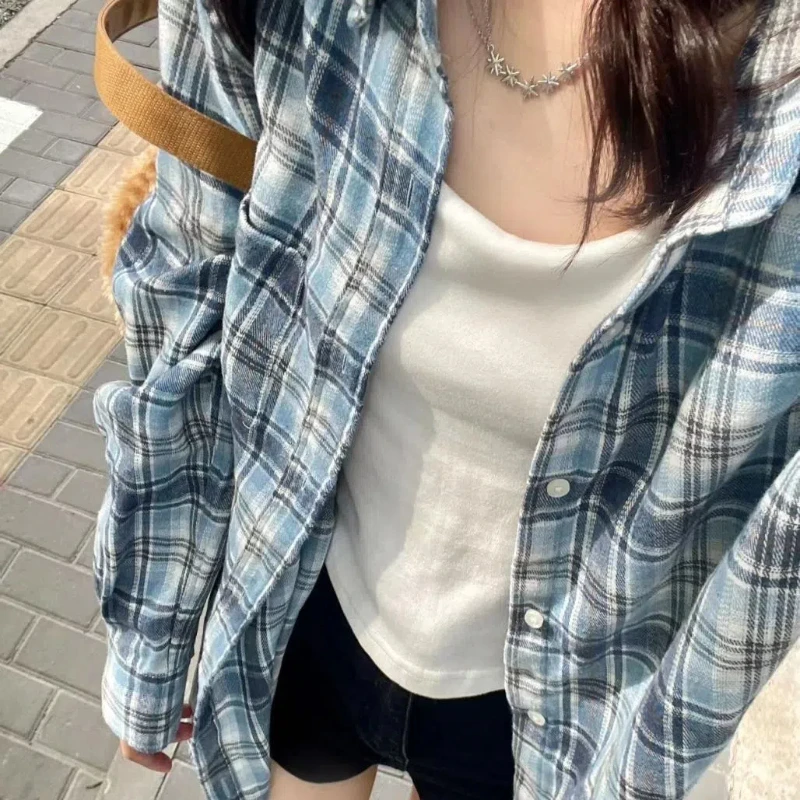 Sunscreen Trendy Hong Kong Style Blue Checkered Shirt Paired with Women\'s Loose and Lazy Style Mid Length Shirt