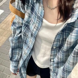 Sunscreen Trendy Hong Kong Style Blue Checkered Shirt Paired with Women's Loose and Lazy Style Mid Length Shirt