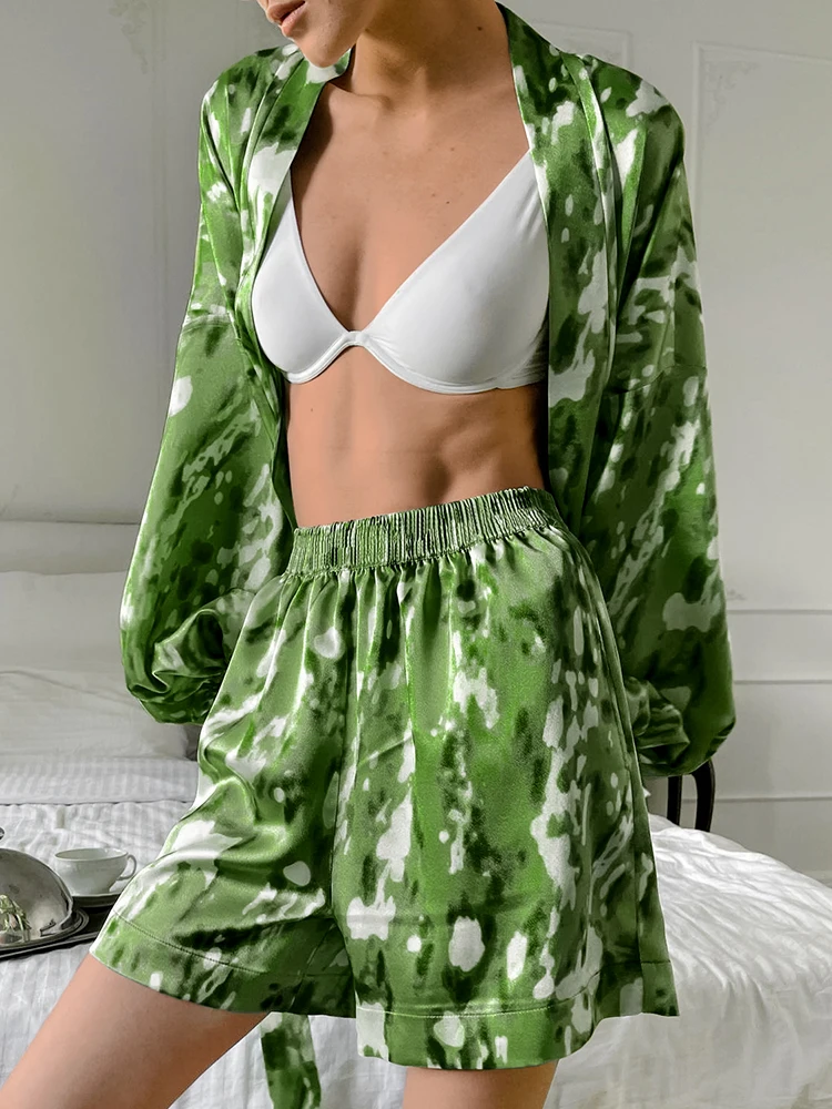 Hiloc Loose Women\'s Home Clothes 2 Piece Sets Green Print Long Sleeve Sleepwear Female Casual Suits With Shorts Autumn Fashion