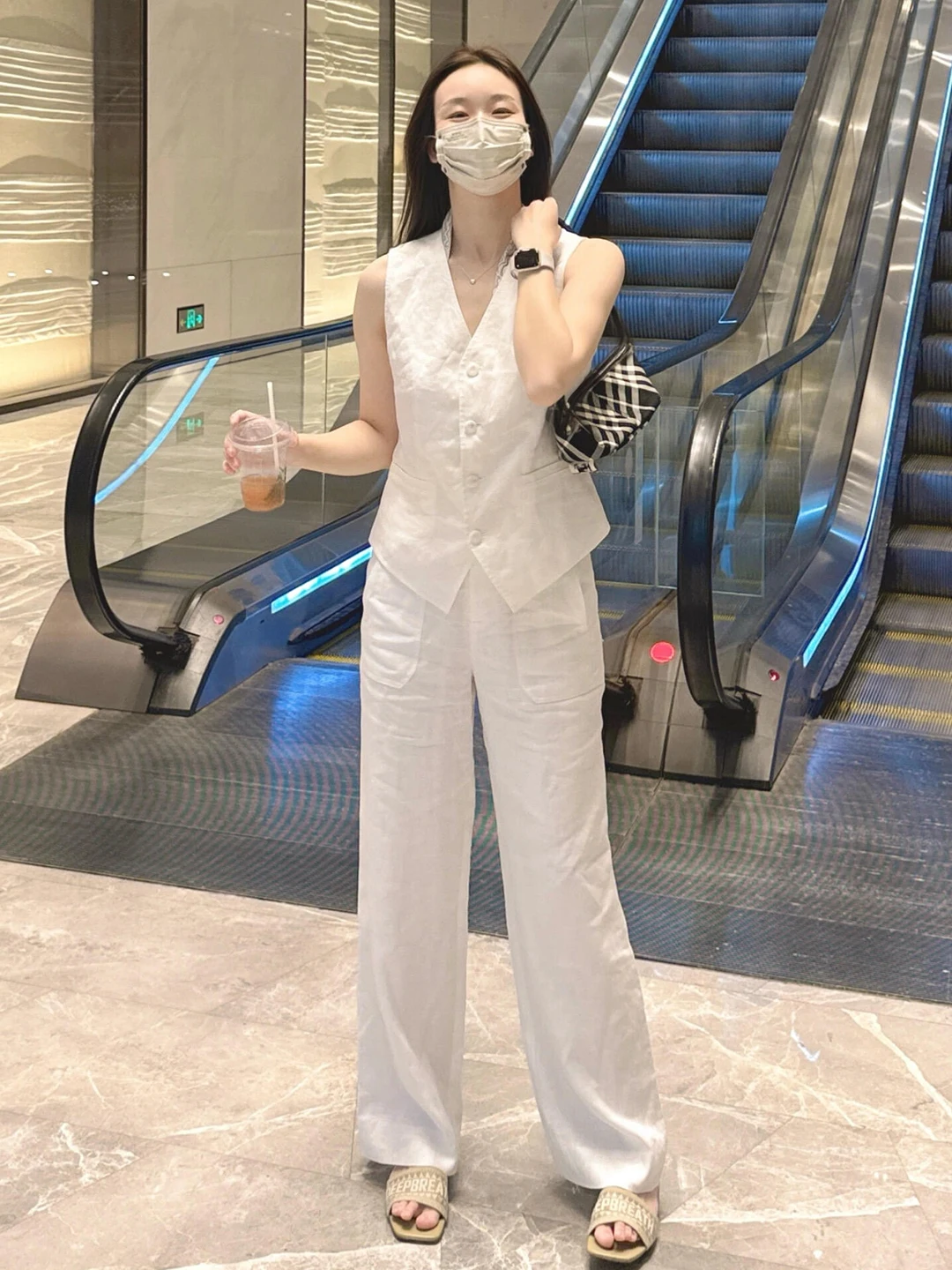 Ladies Linen Cotton Vest Set White Summer Commute Simple Wide Leg Pants Two Piece Casual Style Breathable Comfortable V Neck