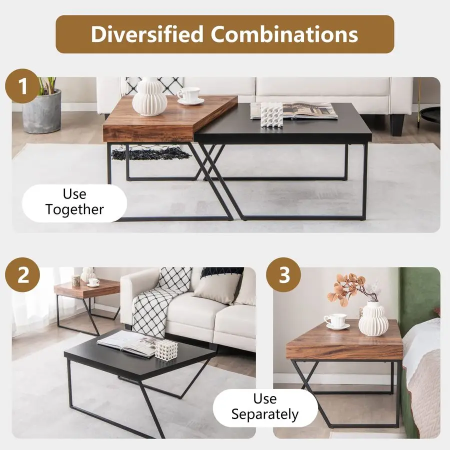 Stacking Coffee Table Set of 2, Black amp Brown Modern Side Table with Powder Coated Metal Legs, Trapezoid Nesting Table for Liv
