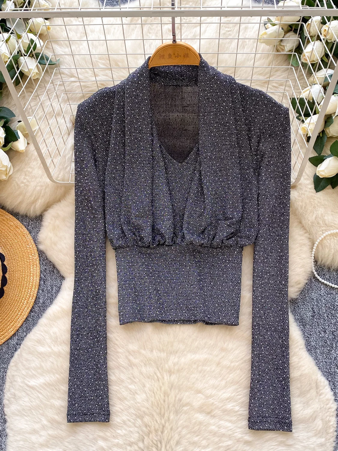 بلوزة iny مطوية بالترتر طويلة Sve V-Ne قاعدة irt التألق للتنقل Sle الكورية Faion سليم صالح ملابس يومية #1