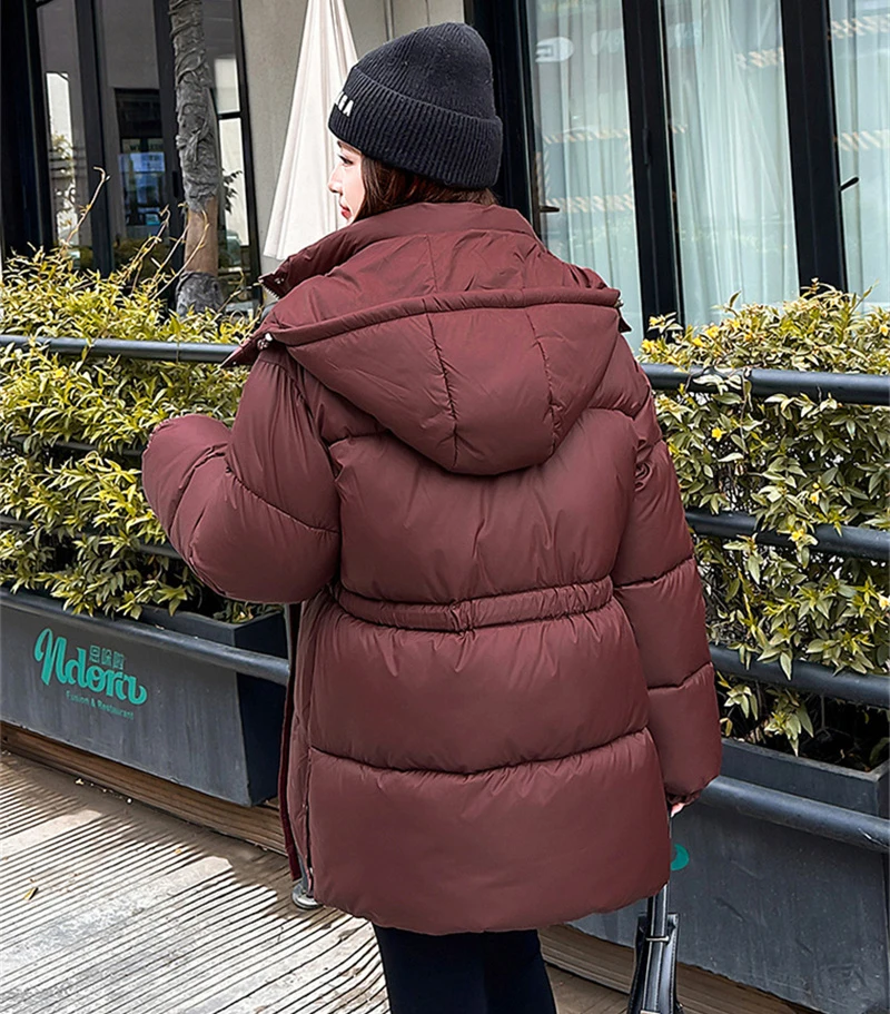 ZAROY Women's Thick Warm Cotton Jacket With Belt Winter Casual Solid Long Sleeves Pocket Zipper Hooded Down Coat куртка ж