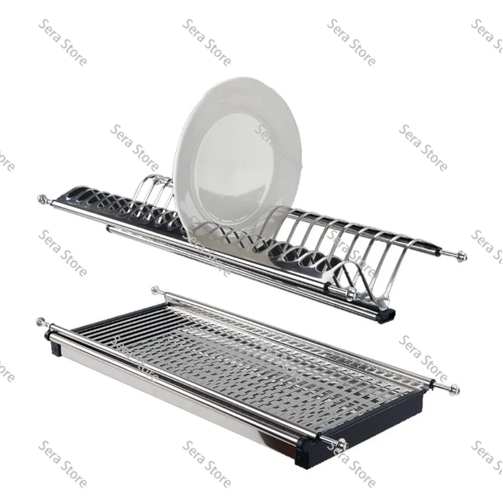 Basket Stainless Steel Embedded Kitchen Dish Rack Storage Draining Rack Cabinet Wall Cupboard Double-Layer Dish Storage Drawer