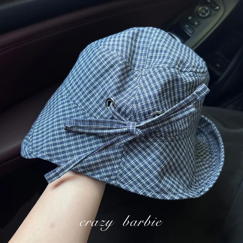 

Sweet navy blue plaid bucket hat women's new summer big eaves sunscreen basin hat