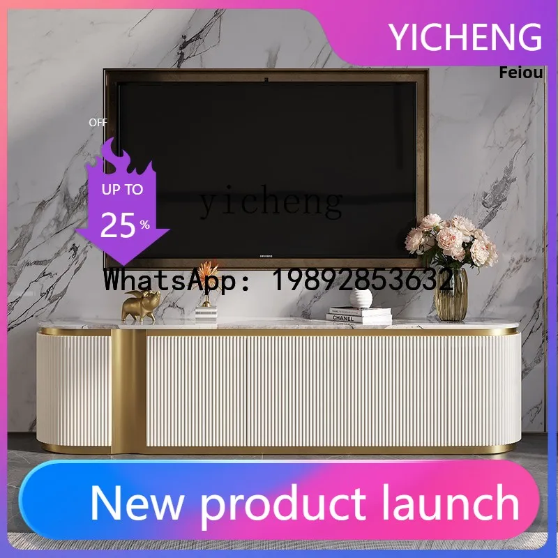 

light luxury TV cabinet high-end living room bright paint marble floor cabinet coffee table