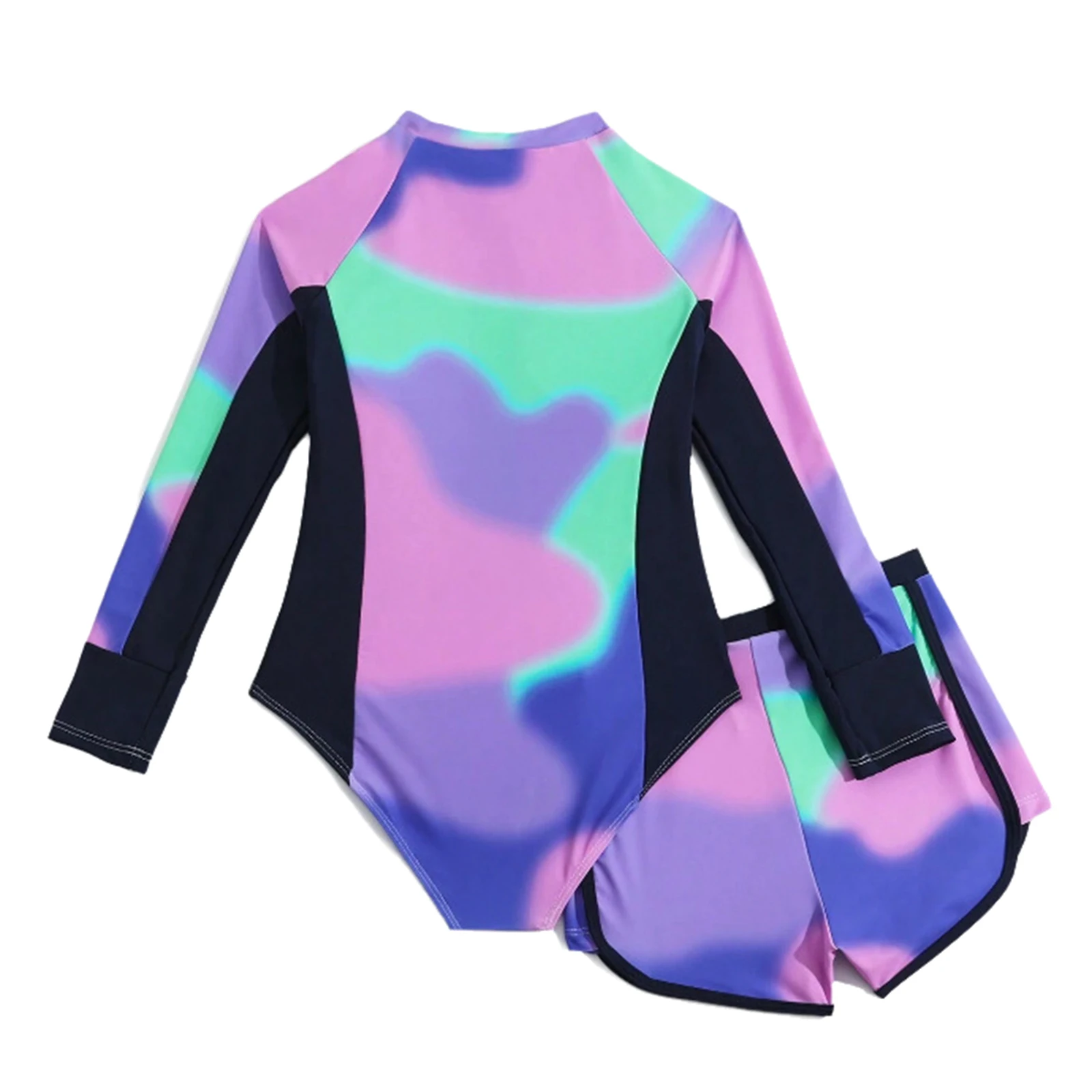 Kids Girls Two Pieces Rash Guard Swimsuit Swimwear Zip Front Long Sleeve Swim Jumpsuit with Shorts Set Summer Beach Bathing Suit