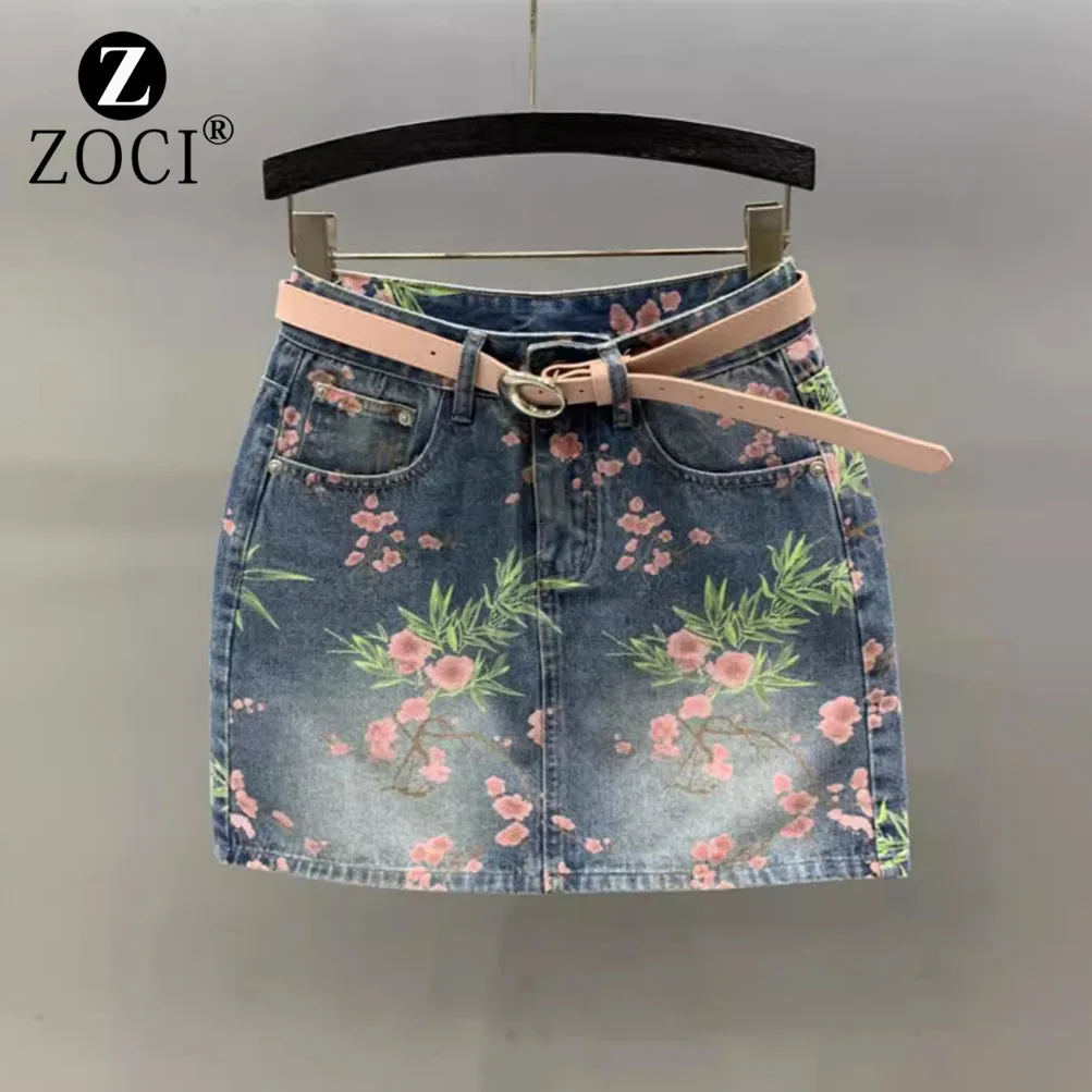 

[ZOCI] Printed Denim Women Summer, Fashionable Style, Versatile High Waisted A-line Hip Hugging Short Skirt