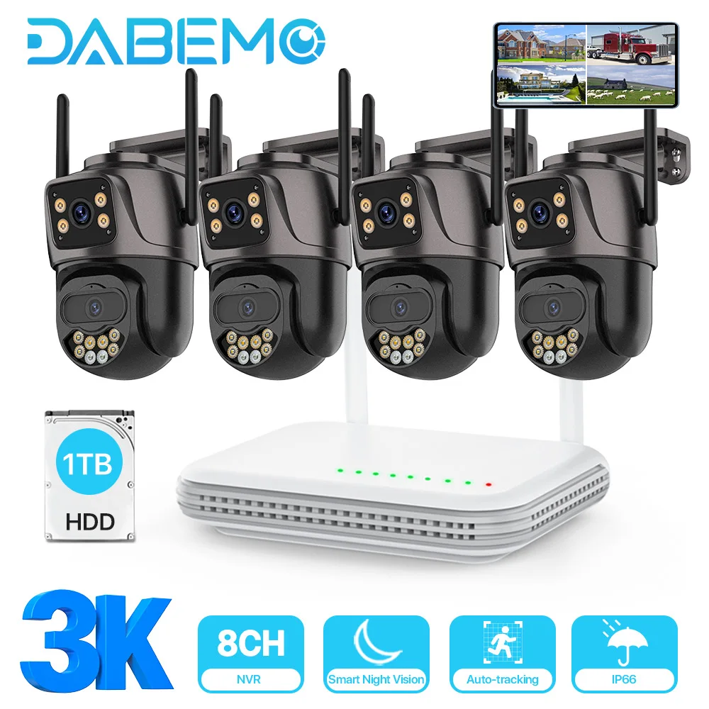 Wireless CCTV System WiFi Camera Kit 6MP IP Cameras With Dual Lens PTZ 8CH NVR 2-Way Audio Video Surveillance Set ICsee