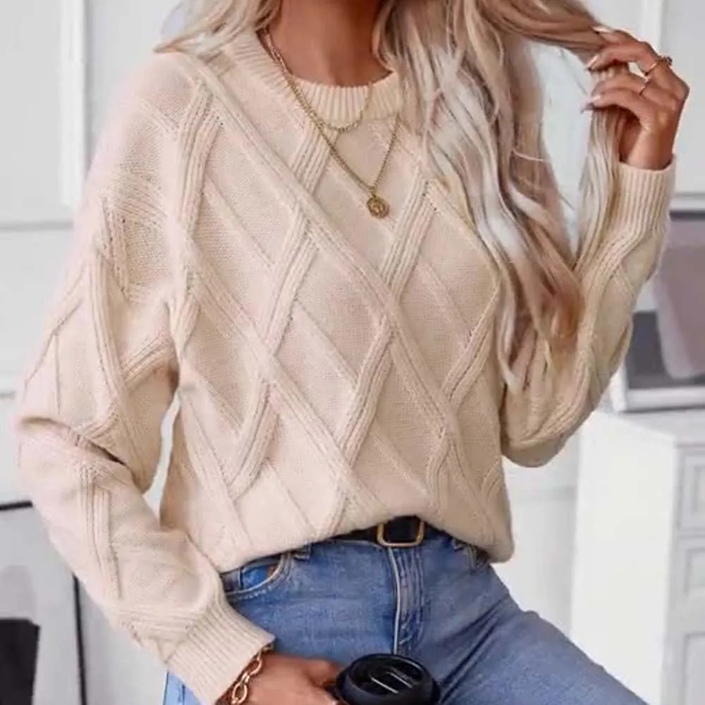 

2025 однотонные прямые толстые джемперы, элегантные легкие эластичные обычные женские свитера, вязаные пуловеры с длинными рукавами и круглым вырезом