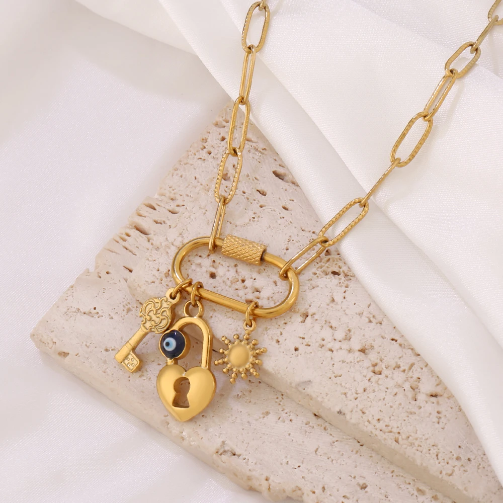 316L الفولاذ المقاوم للصدأ المشبك قلادة قلادة للنساء الشمس القمر الفيروز القلب سلسلة بدلاية القلائد مجوهرات هدية