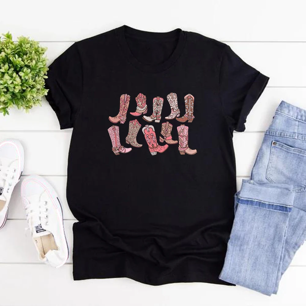 

Cowgirl Pink Boots T-Shirts Country Concert Tee Western Graphic Tee for Women Cute Country Vintage Short Sleeve Female Clothing