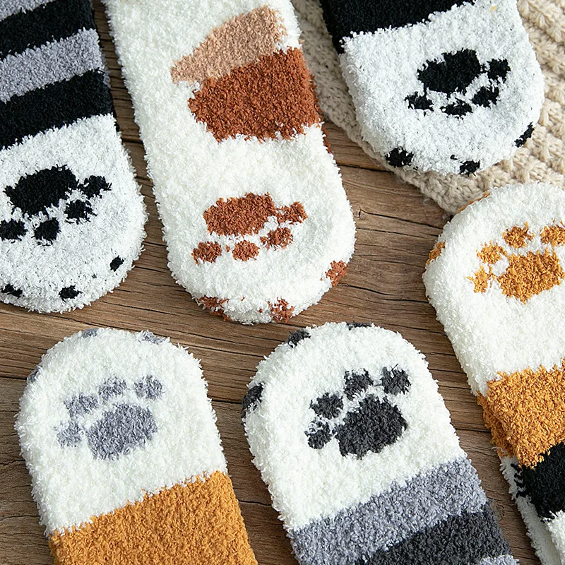 Autumn Winter Coral Velvet Socks Cute Cat Claw Socks For Women Children Girls Middle Tube Thickened Sleep Socks Home Floor Socks