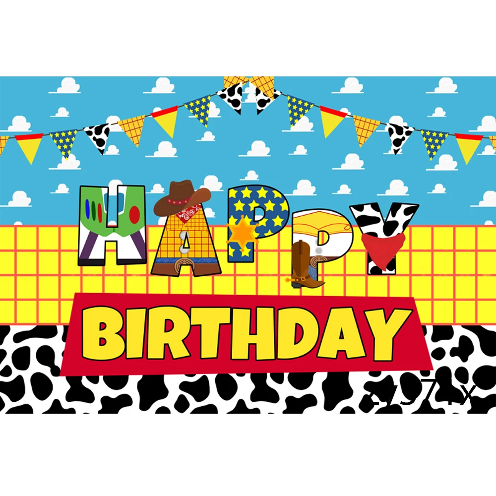 Fondo de fotografía para fiesta de cumpleaños con tema de Toy Story para niños, telón de fondo de dibujos animados de Woody Buzz Lightyear, estudio fotográfico