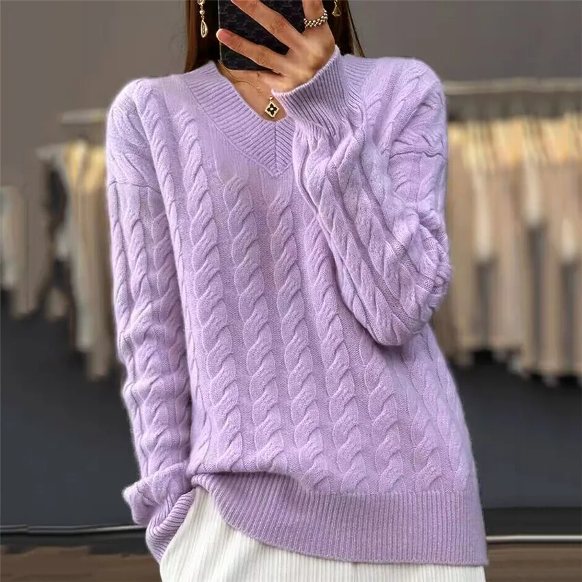 Suéter con cuello en V para mujer, Jersey de punto de manga larga a la moda, Tops básicos lisos cálidos para mujer, prendas de punto