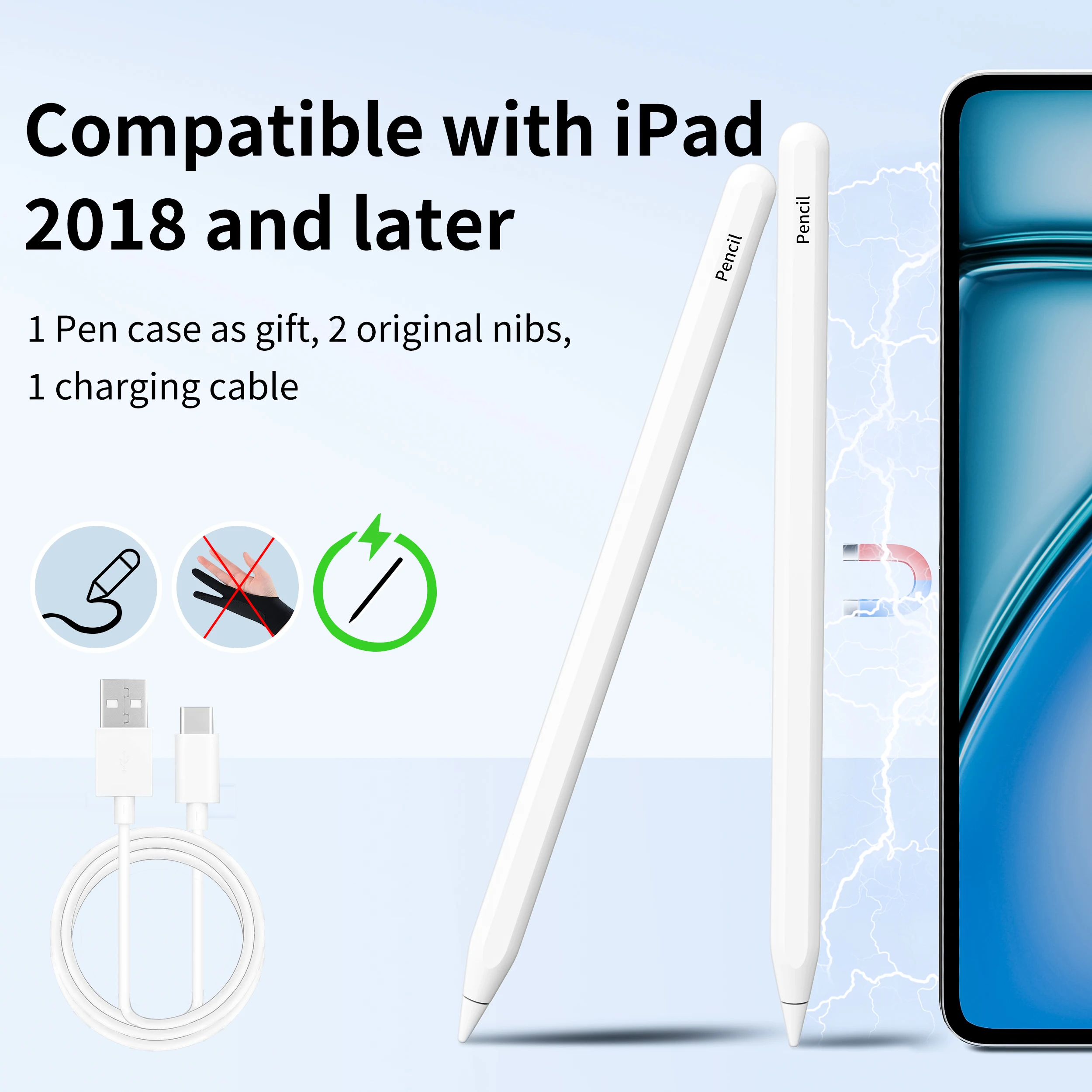 For Apple Pencil 2 Anti Palm Rejection Tilt  Pressure Sensitivity Bluetooth Power Display Magnetic Adsorption