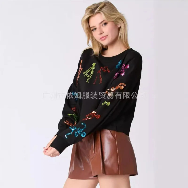 Glitter Patchwork Printed Hoodies Autumn Winter Vintage Tshirt Harajuku Loose Long Sleeve Streetwear Women Clothes Halloween Top