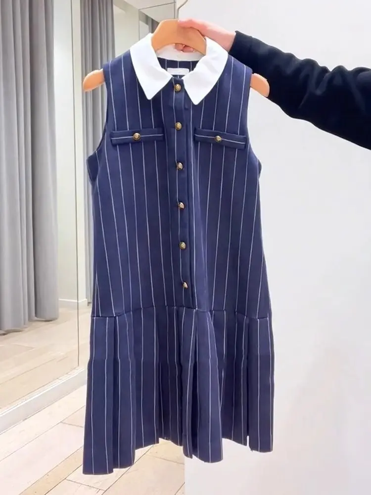 

Dresses for Women Summer New High-end Korean Fashionable Style Temperature Niche Simple Casual Blue Striped Short Vest Dress