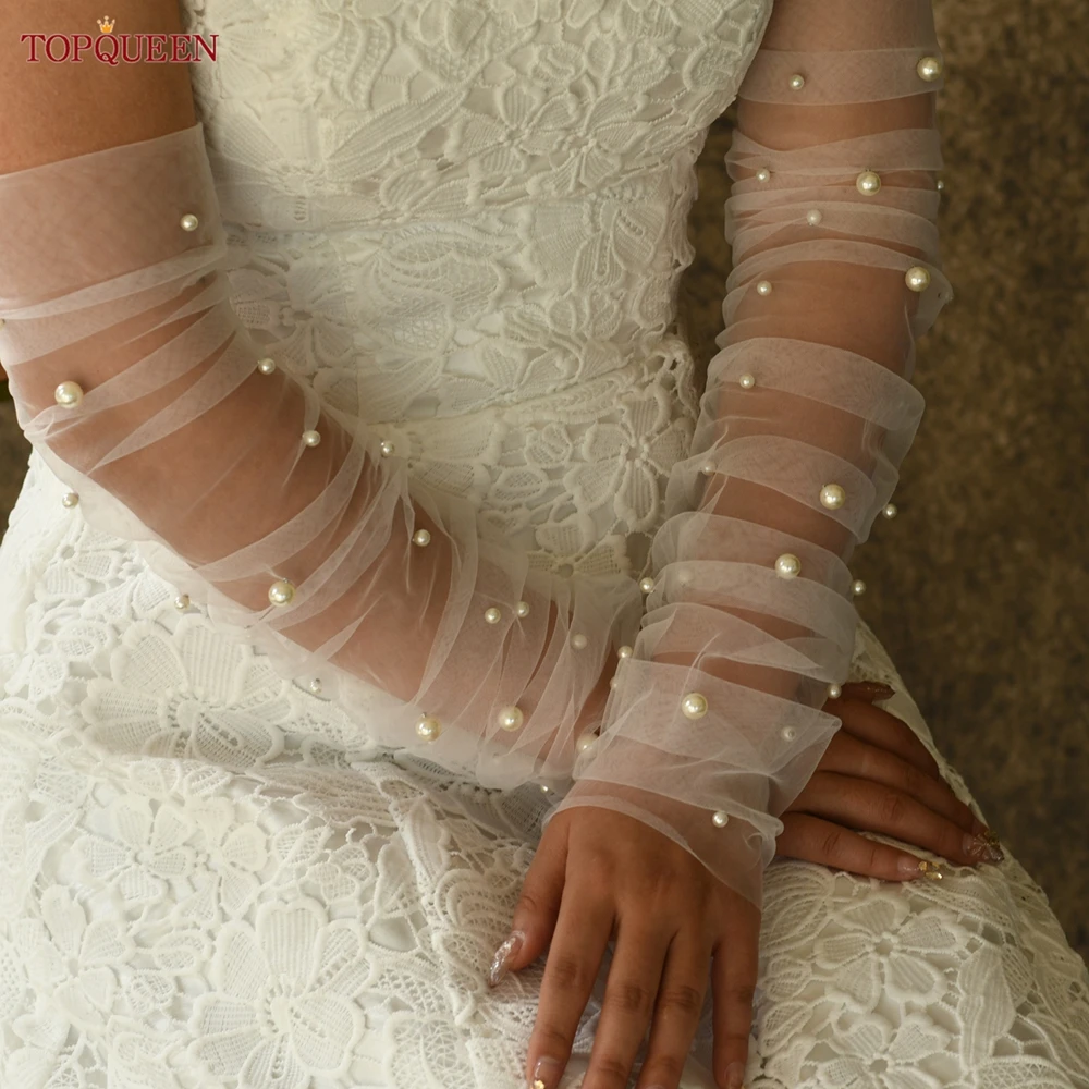 TOPQUEEN Vm16 أنيقة قفازات الزفاف اللؤلؤ 1 زوج قفازات الزفاف طول الكوع اكسسوارات الزفاف النساء قفازات الزفاف ذاتية الصنع