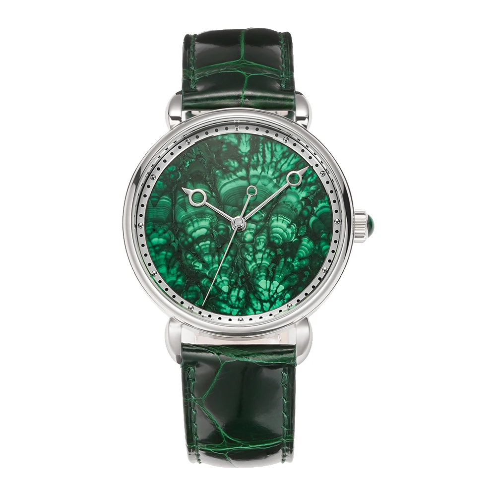 HUASUO 41mm Luxury Retro Jade Or Malachit Dial Mens Watches Gemstone Wristwatch Sapphire Crystal Automatic Movement ETA2892