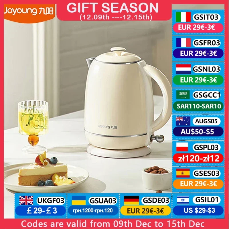 Joyoung Retro Electric Kettle 316 Stainless Steel Automatic Power Off Water Boiler 1.5L Home Appliances K15FD-W582 W950