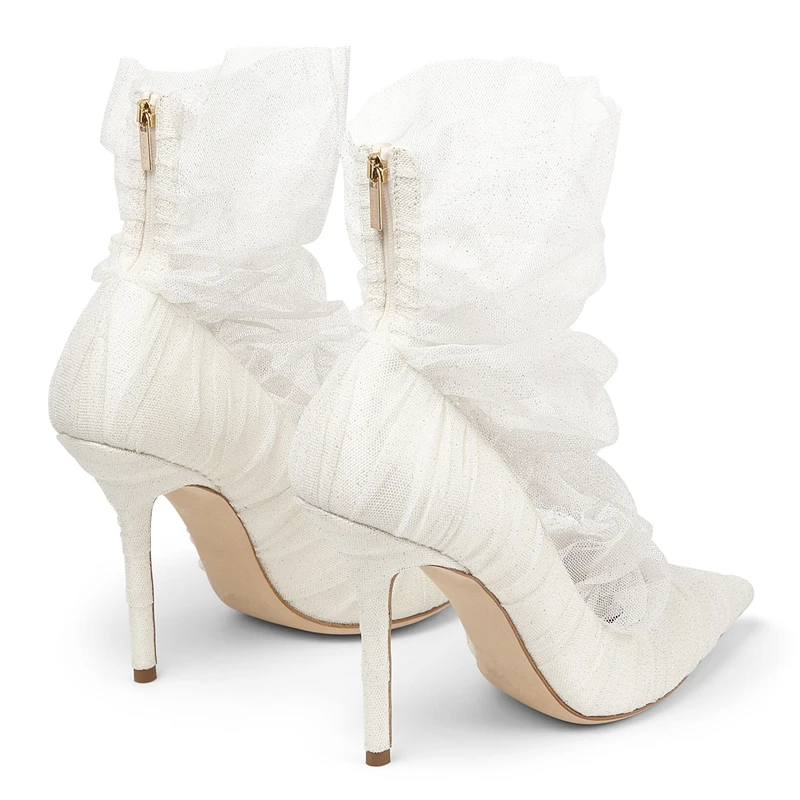 Sexy Ruffled Mesh Lace Covered Translucent Ankle Boots Pointed Toe Woman Dim Lace Summer Boots Thin High Heels Pumps