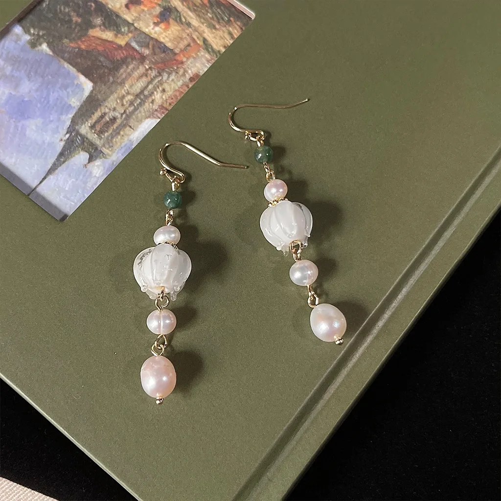 New Arrival Sweet Glass Flower 14K Gold Filled Natural Freshwater Pearl Ladies Tassels Drop Earrings Jewelry For Women Gifts