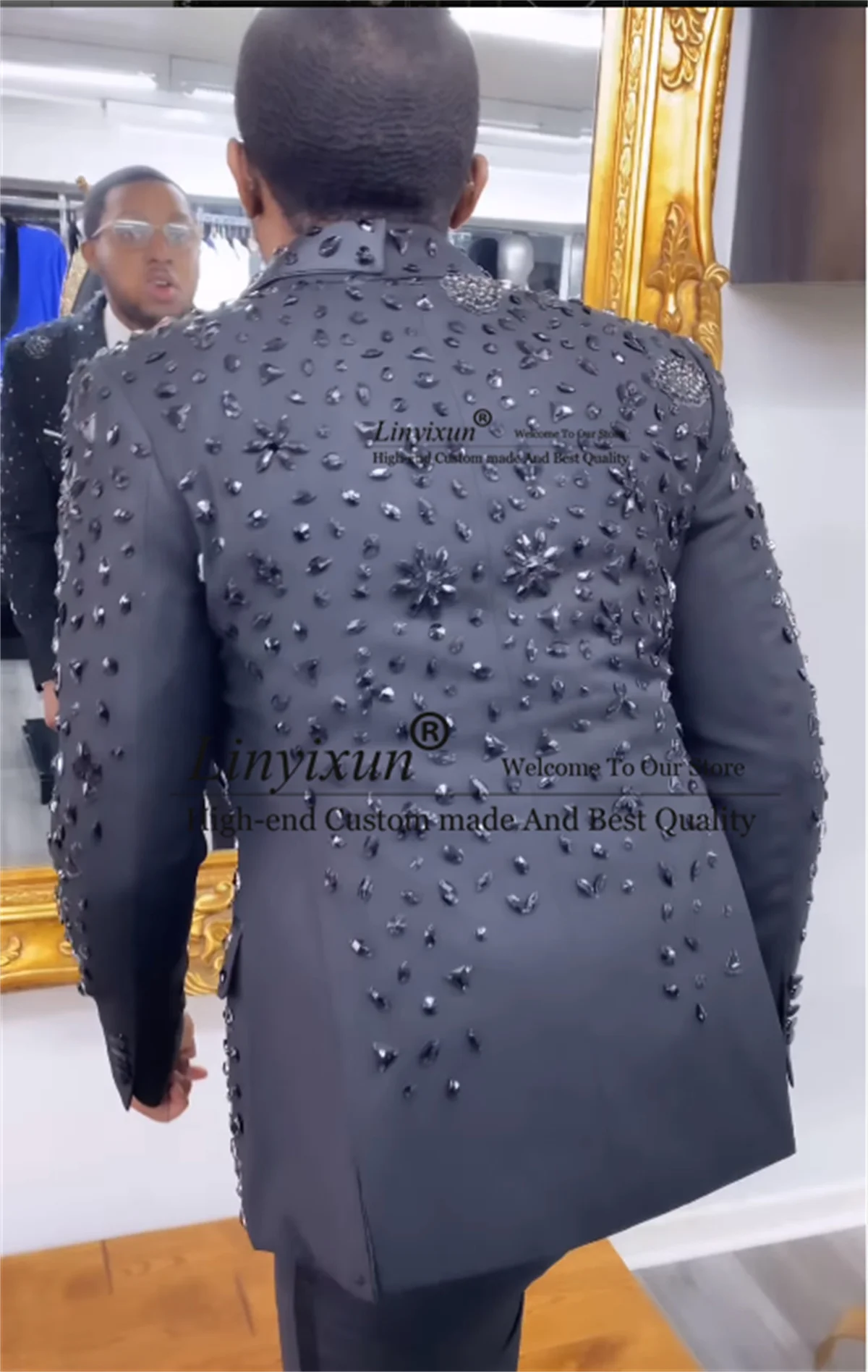 Double Breasted Men Suits Luxury Beaded Crystals Wedding Groom Tuxedos 2 Pieces Sets Male Prom Blazers Slim Fit Costume Homme