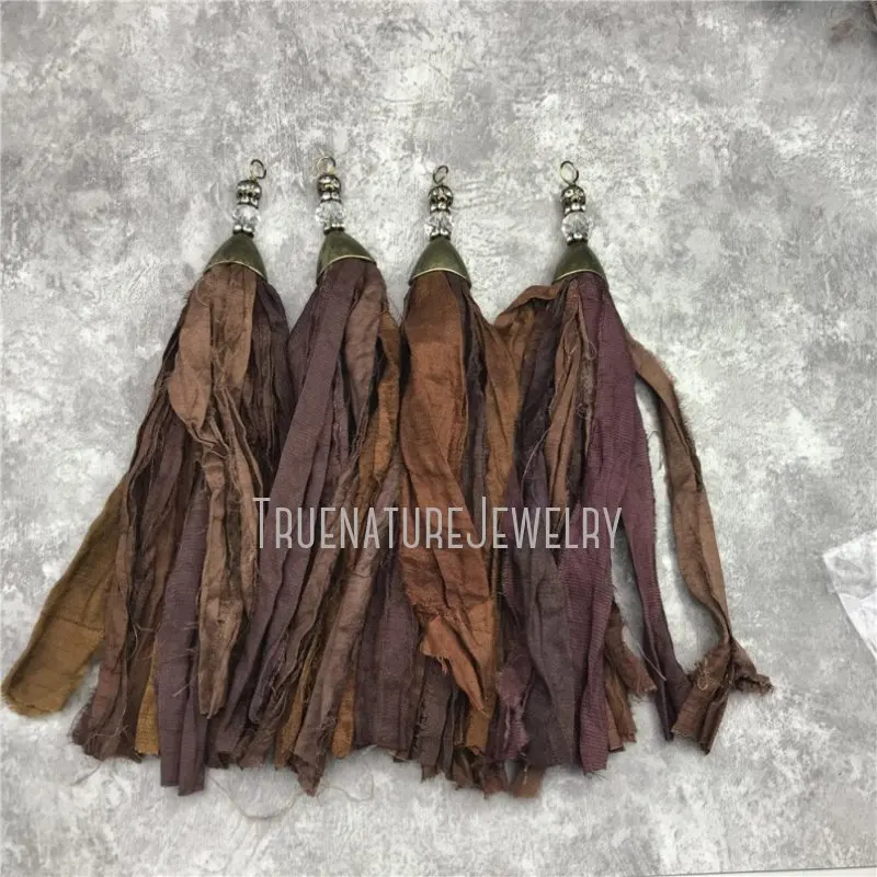 PM27517 Bronze Plated Dark Brown Color Silk Sari Tassel Pendant Boho Bohemian Charms Pendant Jewelry