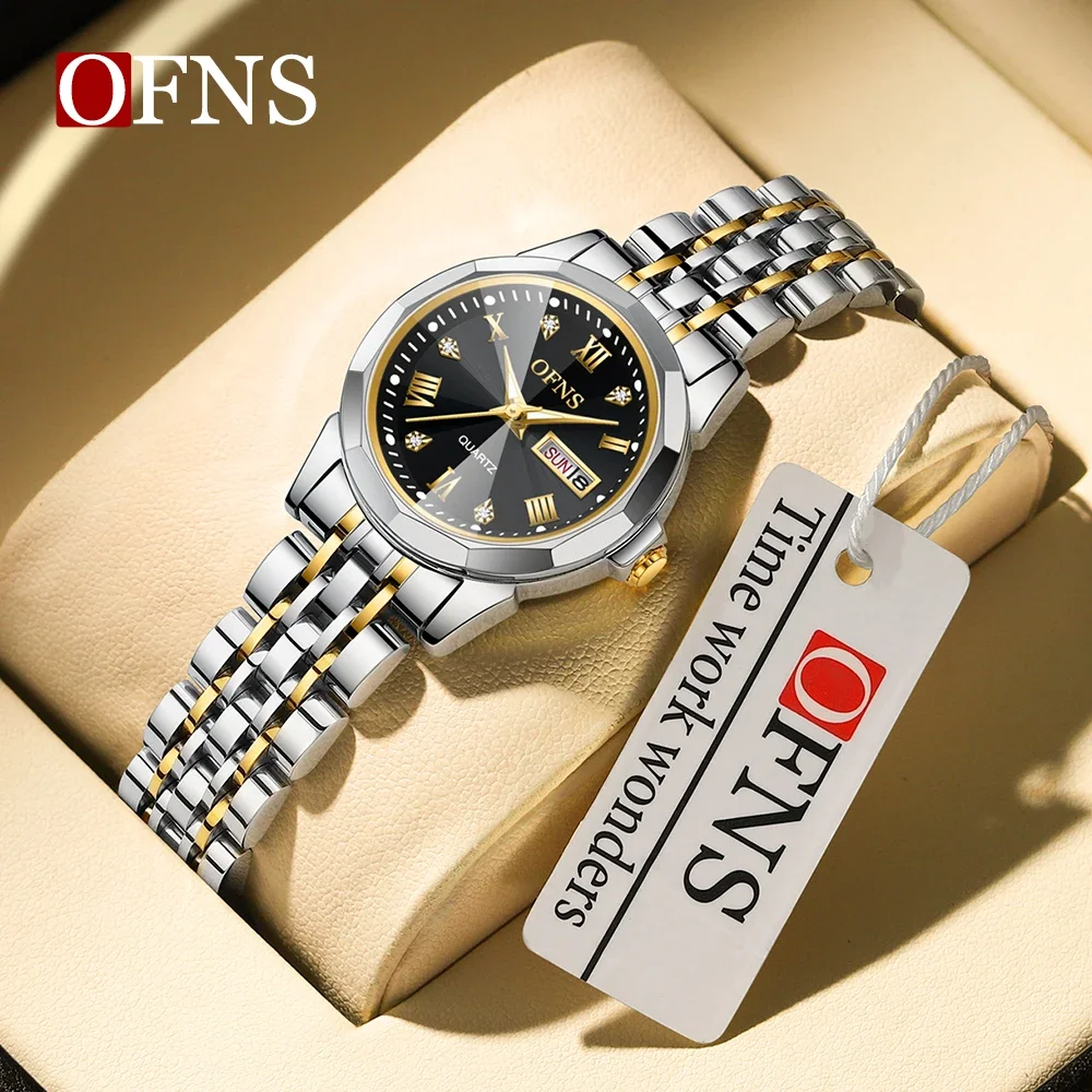 OFNS Top Brand 1502 New Fashion Dual Calendar Couple Fluorescent Quartz Watch Fashion Waterproof Steel Band Women's Watch 2024