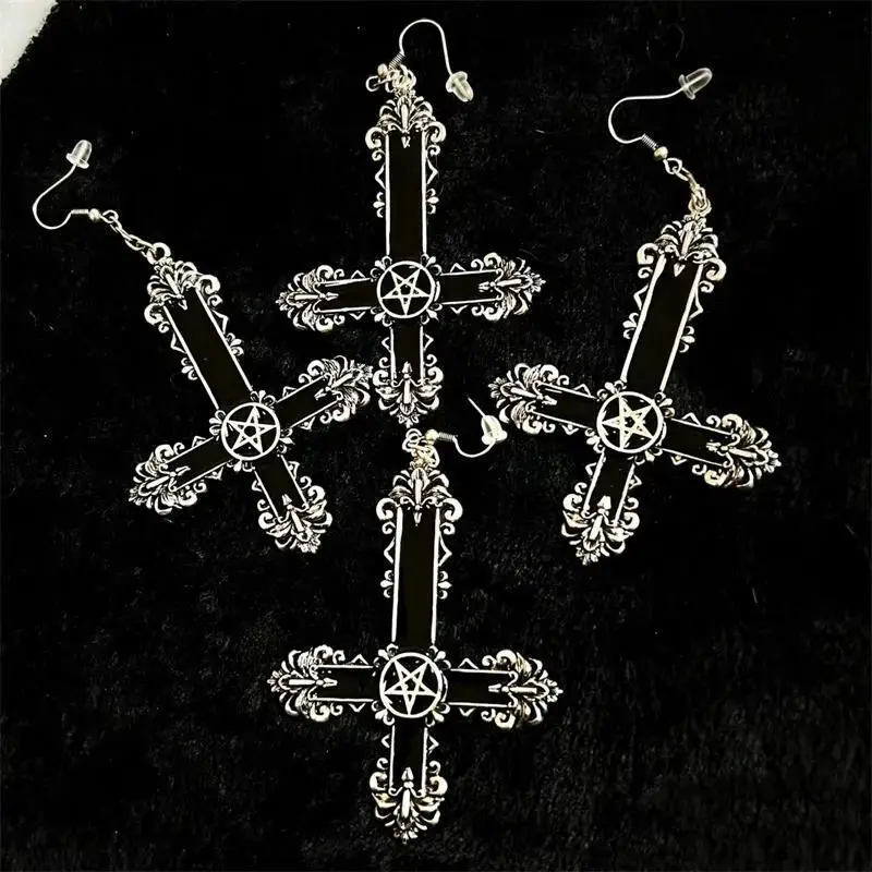 Retro Punk Inverted Cross Five-pointed Star Black Charm Witch Dangle Earrings for Women Gothic Infidels Hallowmas Jewelry Gifts
