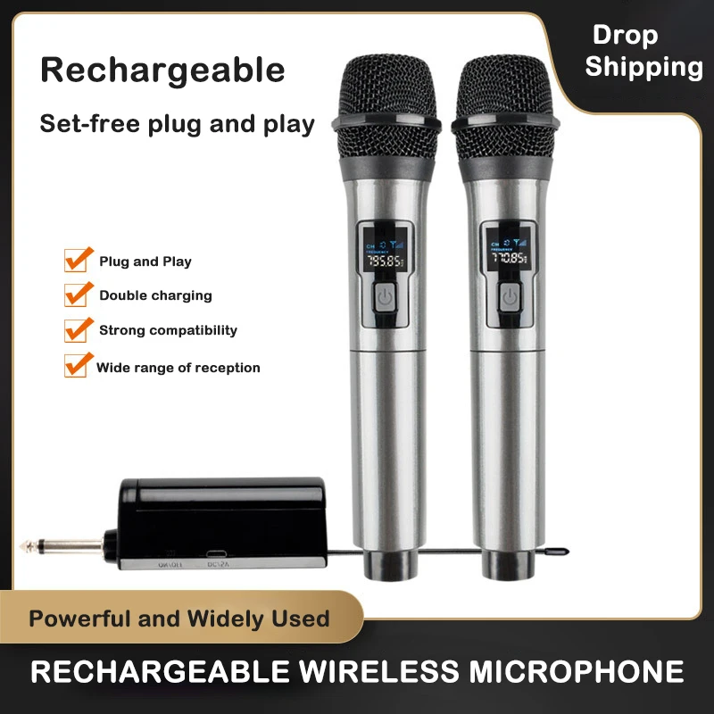 UHF Wireless Dual Handheld Dynamic Microphone Karaoke Microphone with Rechargeable Receiver for Wedding Party Speech Church Club