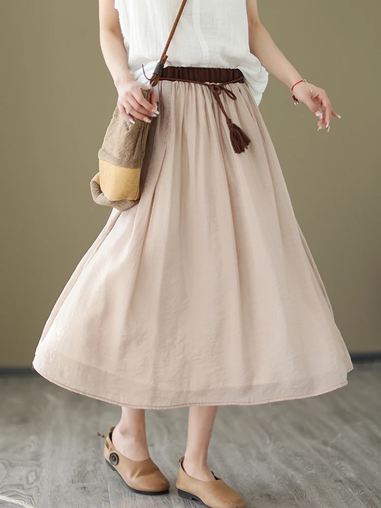 2023 New Summer Vintage Solid Color Lace-up Casual Women Elastic Waist Skirts A-line Skirt Female Fashion Cute Clothing