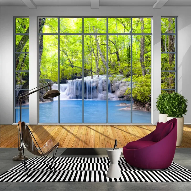 Papel tapiz fotográfico 3D con ventana De bosque, cascada, naturaleza, paisaje, murales, sala De estar, TV, sofá, fondo, tela De pared 3 D