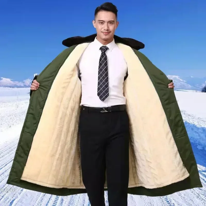 

Пальто мужское хлопковое длинное, плотная зеленая куртка, верхняя одежда Северо-восточного цвета, свободное и теплое модное однобортное с лацканами