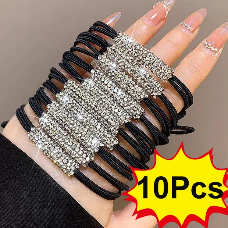 

Women Shiny Rhinestone Black Seamless Rubber Band Hair Ties Elegant Sweet Elastic Hair Bands Ponytail Holder Hair Accessories