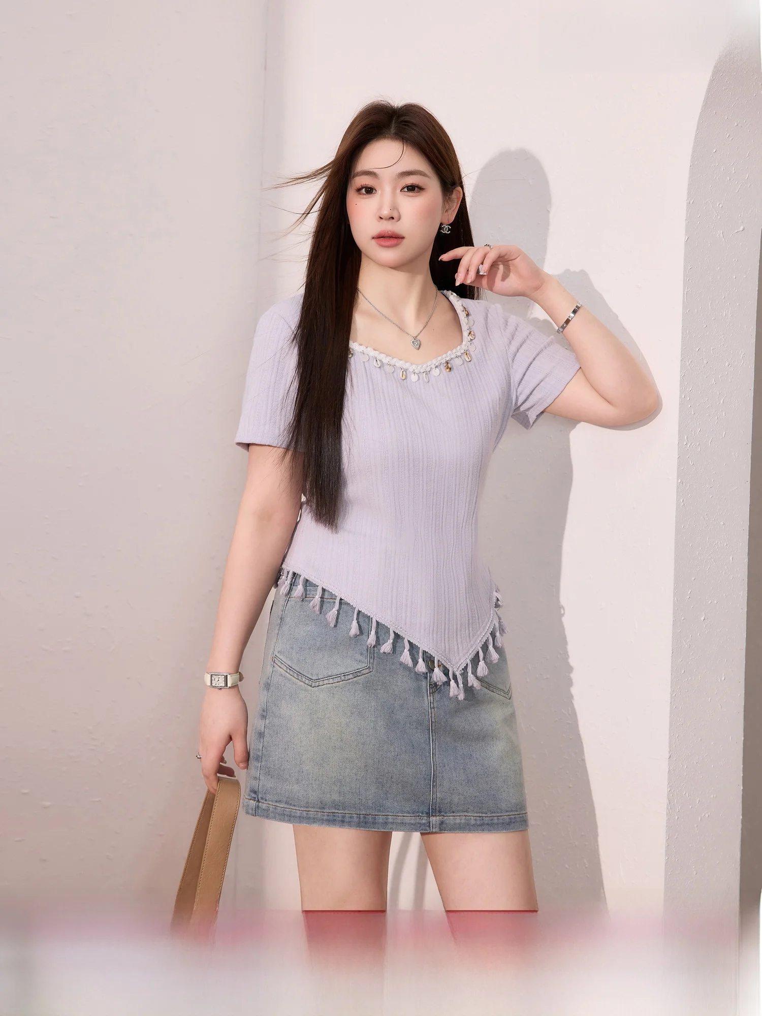 

Женская футболка больших размеров Blue Language, летняя, для похудения, скрывающая живот, универсальная, с коротким рукавом, асимметричный топ с бахромой