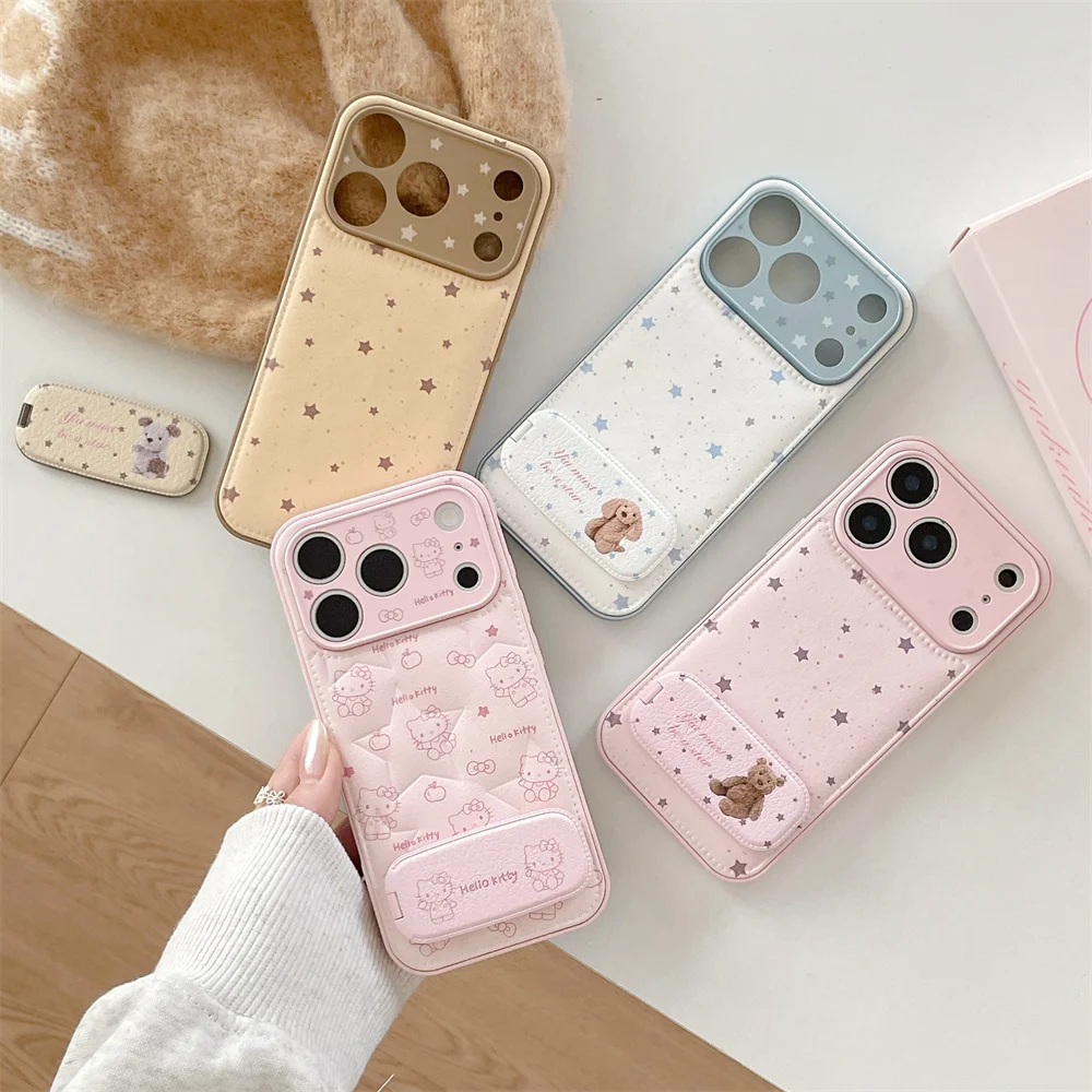 

Cute Star HelloKitty Fashion Leather Phone Case for iPhone 17 Pro 14 15 16 Pro Max Cover With Stand Mirror Protection Cases Fund