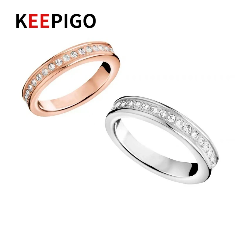 

KEEPIGO S925 Sterling Silver Full High Carbon Diamond Design Simple 18k Rose Gold diamond Lovers Ring ra061