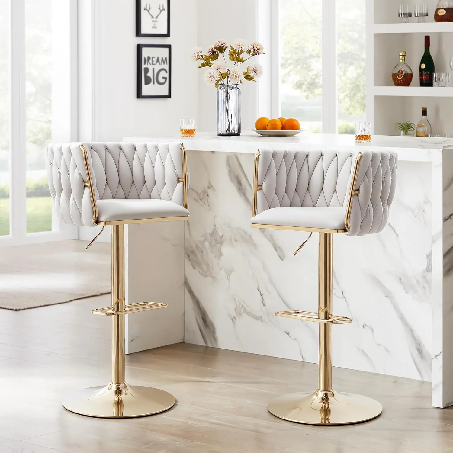 طقم مقاعد بار مخملية مكونة من قطعتين، ارتفاع عداد دوار، قابل للتعديل مع ظهر منسوج ومسند للقدمين، عاجي