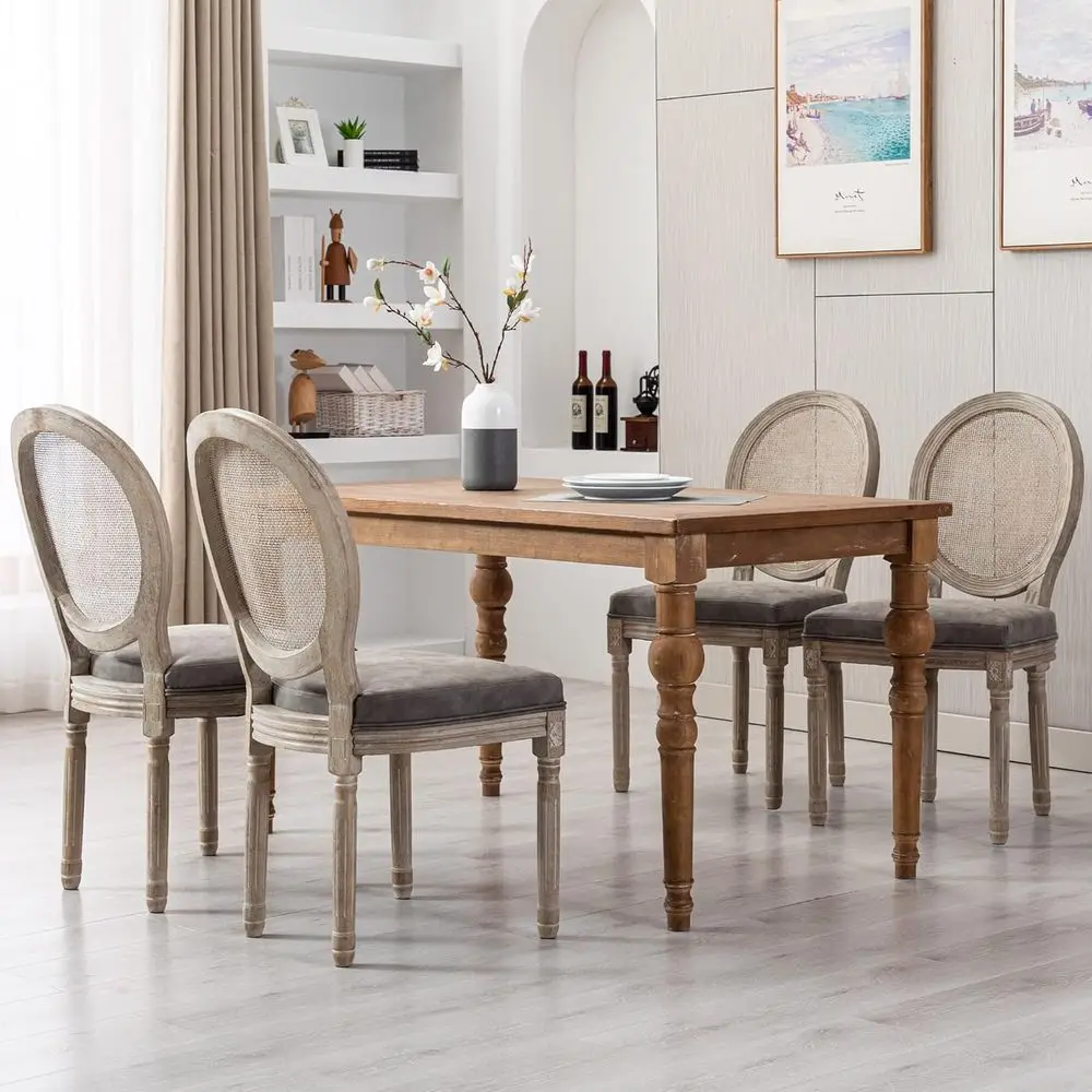 

armhouse Leather Dining Room Chairs Set o 4 rench Dining Chairs with Round Rattan Back rench Bistro Chairs or Dining Room/Living