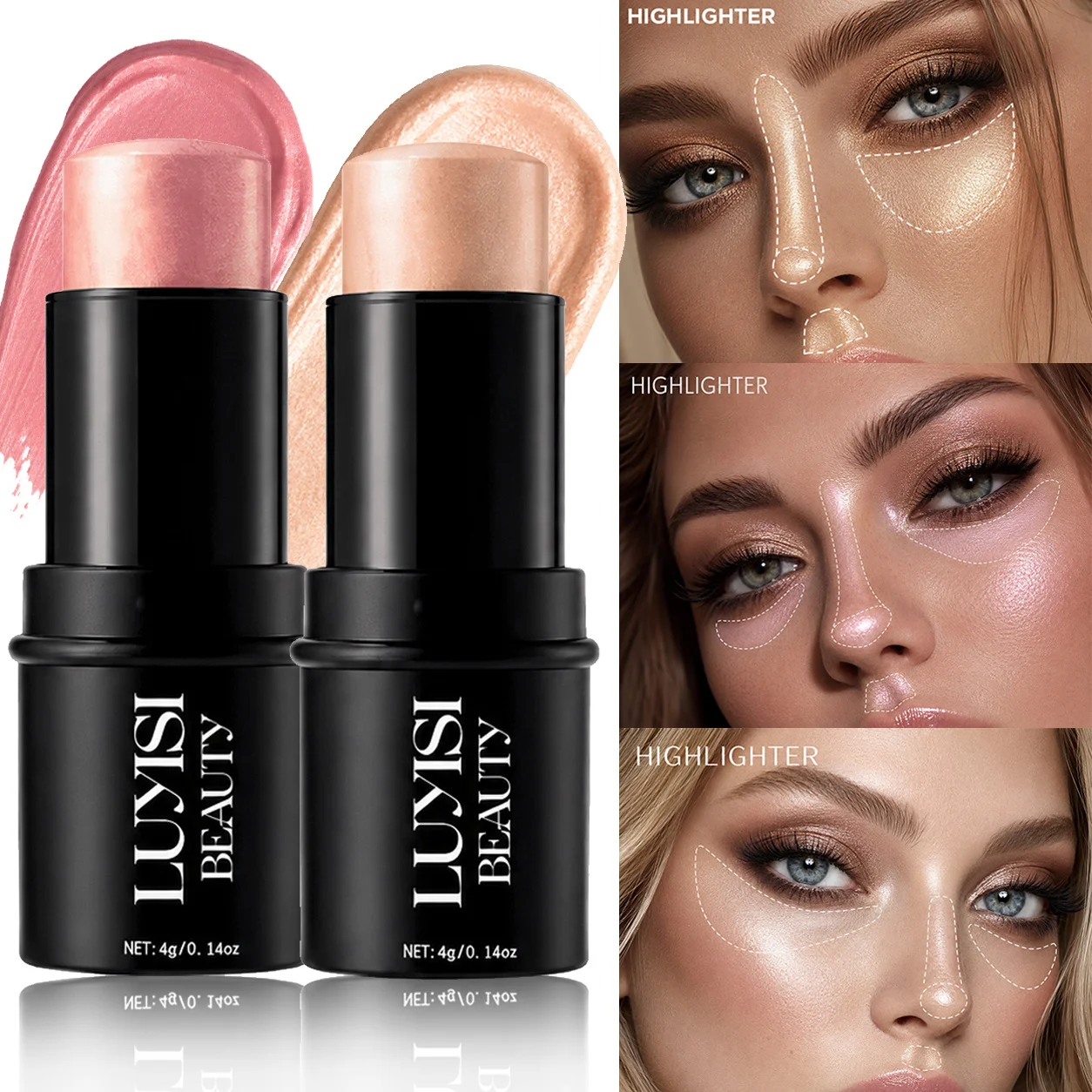 2 Colors Cream Facial Highlighter Makeup Stick,Champagne&Pink,himmer Illuminator for Cheeks,Nose Brow Bone,Long Lasting Beauty