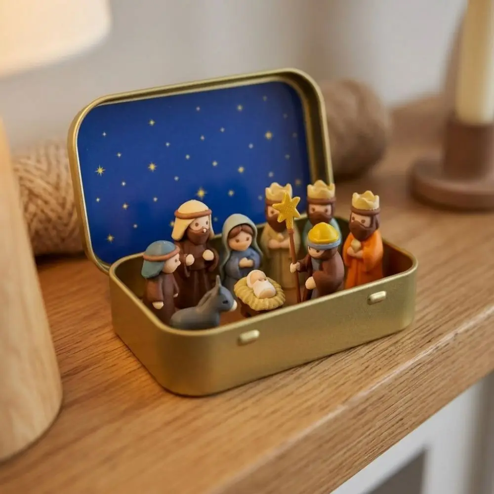 Metal Tin Box Mini Christmas Trough Set Holy Family Hand Painted Nativity Manger Scene Kit Shepherd Animal 3D Printed