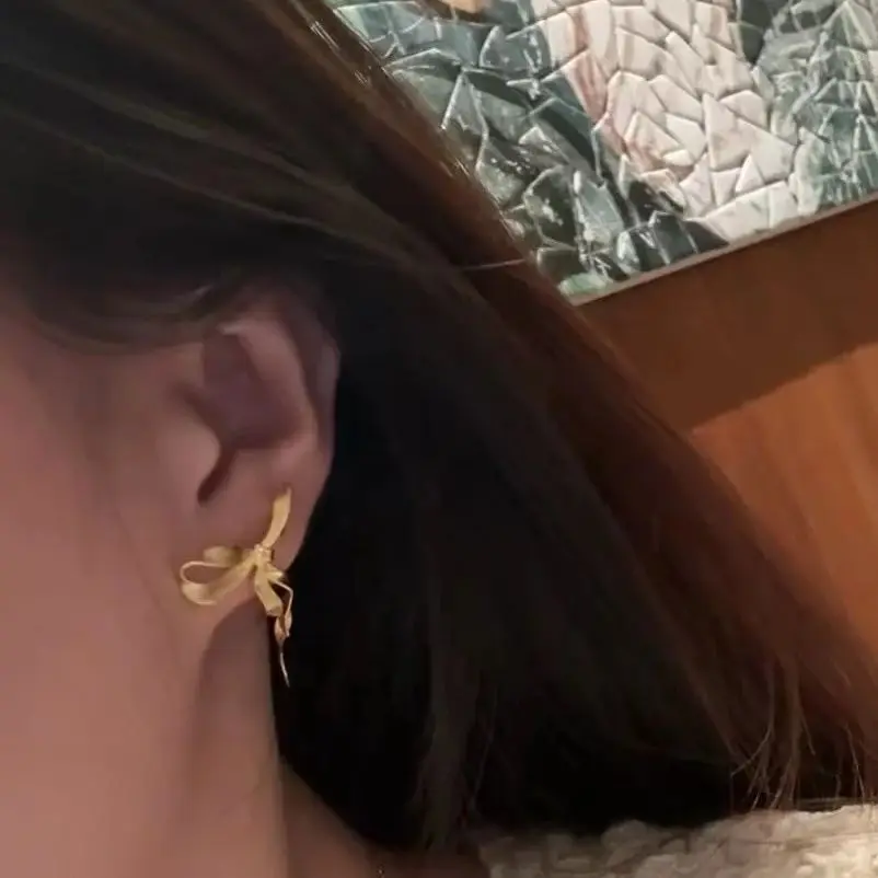 

Ins Modern Vintage 925 Silver Ragito Ribbon Drop Dangle Ear Studs Women Girlish Daily Fine Jewelry Gold Bowknot Threader Earring