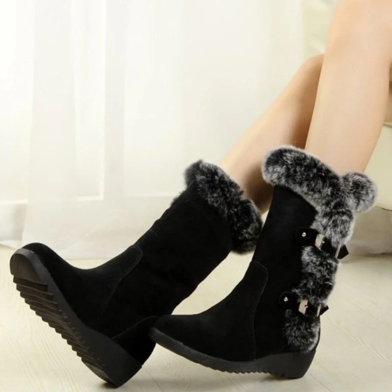 Nowe zimowe buty damskie Casual Warm Fur Mid-Calf Boots Shoes Women Slip-On Round Toe Wedges Snow Boots Shoes Muje Plus Size 42