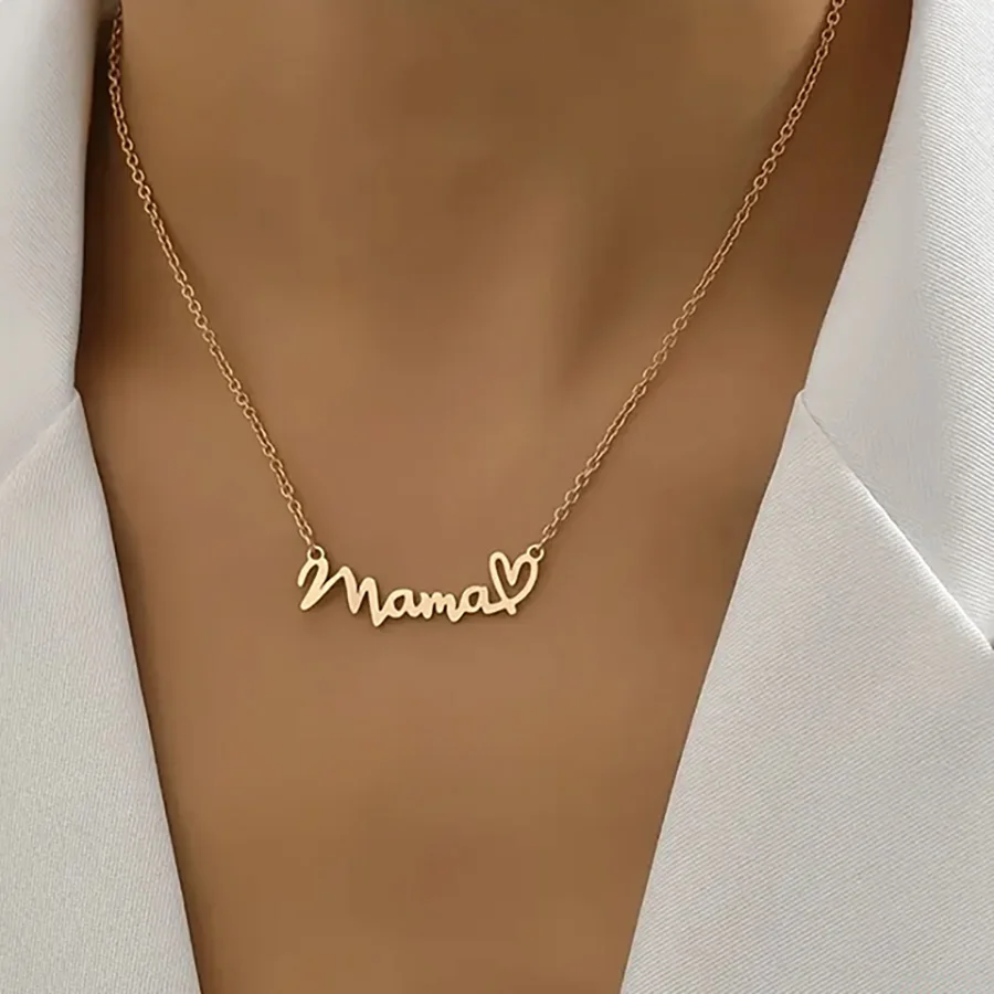 Halskette mit Mama-Herz-Anhänger aus Edelstahl – goldene minimalistische Schlüsselbeinkette, Charm-Schmuck zum Muttertag, Valentinstag