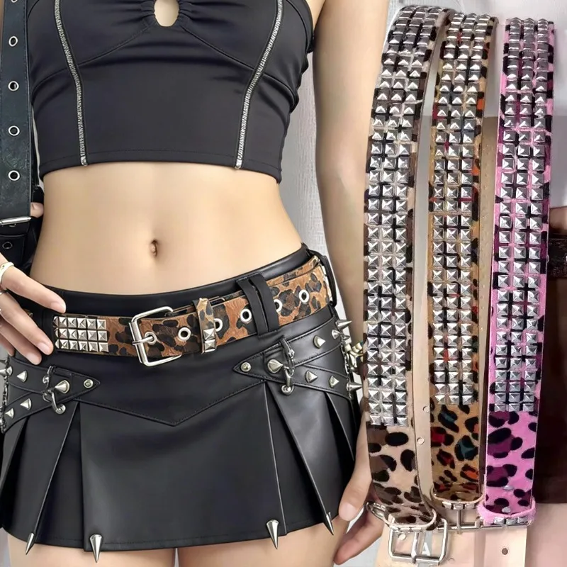 

Винтажный ремень с леопардовым принтом и заклепками, аксессуар для джинсов, в стиле панк, хип-хоп, рок, с декоративными квадратными бусинами, трендовая камуфляжная поясная цепь